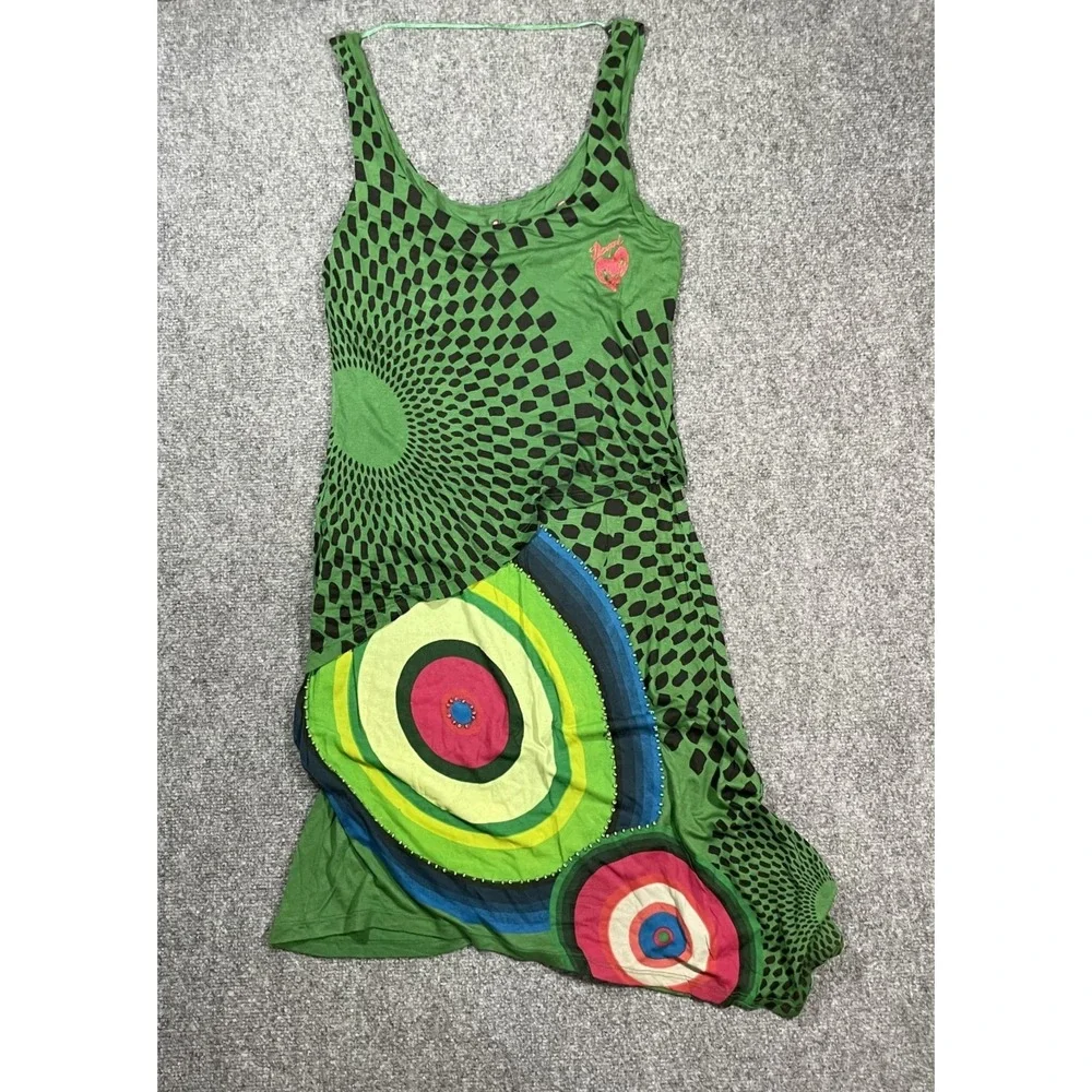 Desigual Tank Dress Size Large Assymetrical Hem Beaded Checkered Print Colorful - Picture 2 of 11
